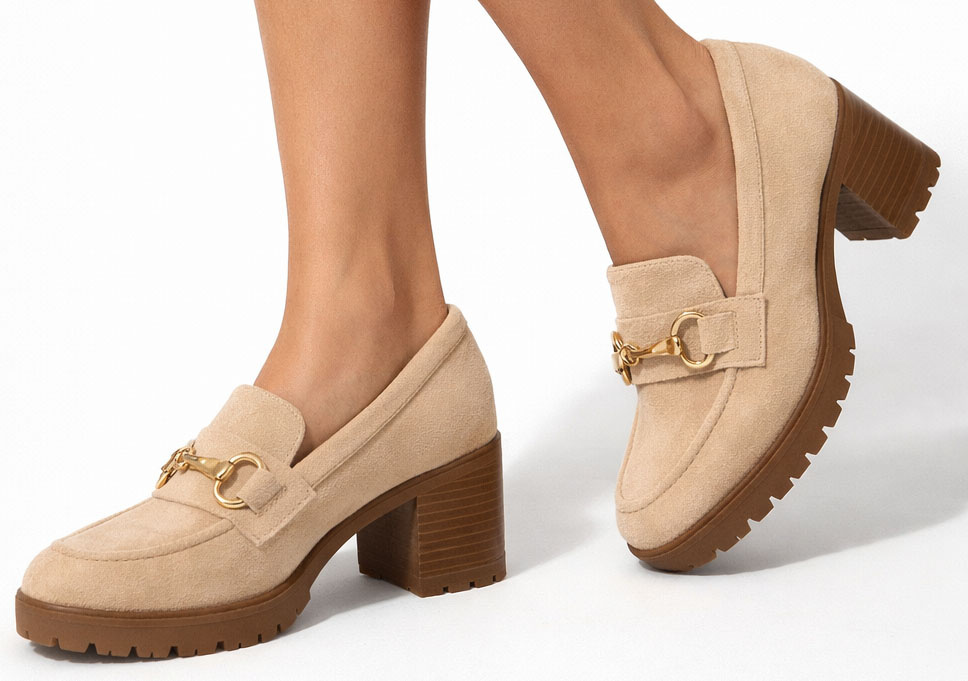 Półbuty Na Słupku Damskie Beżowe Mokasyny Zamszowe 41