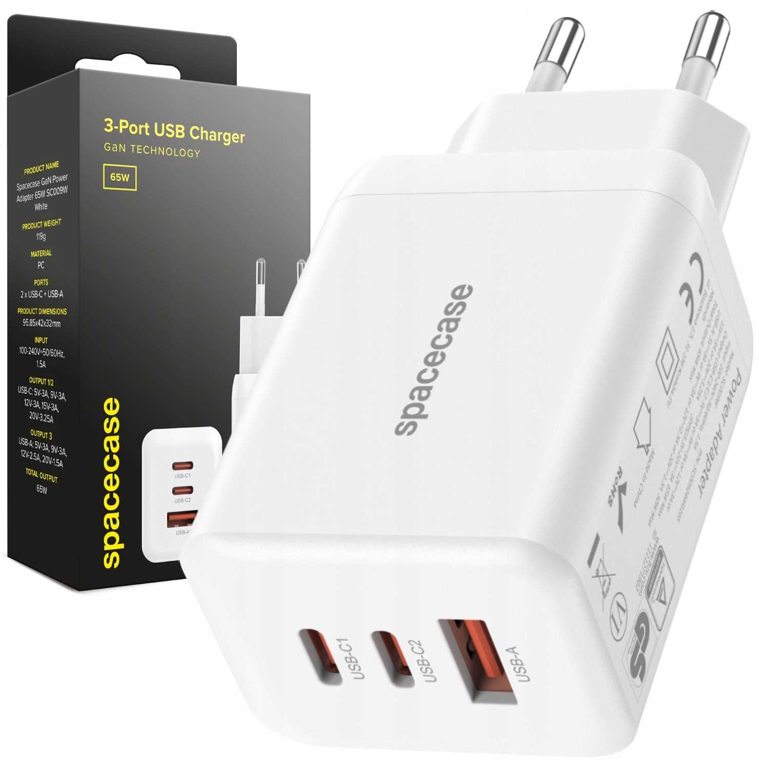 Szybka ładowarka kostka GaN 65W 2X Usb-c Usb-a do telefonu, tabletu