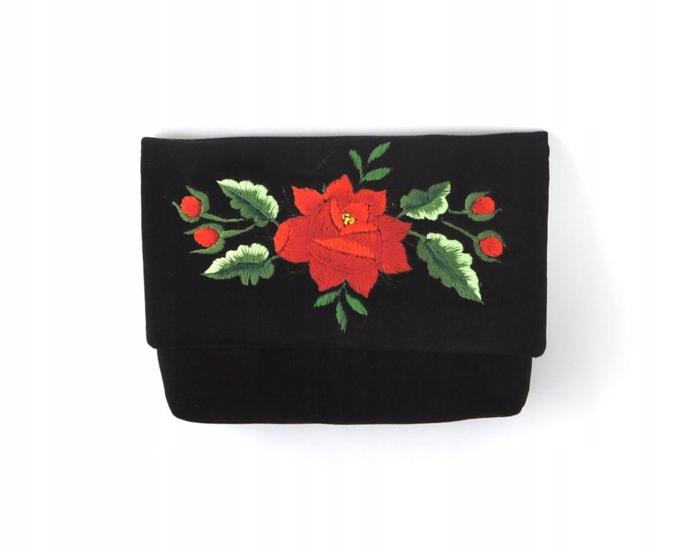 Černá Psaníčko Folk S Rybářskou Výšivkou Červená Růže Handmade