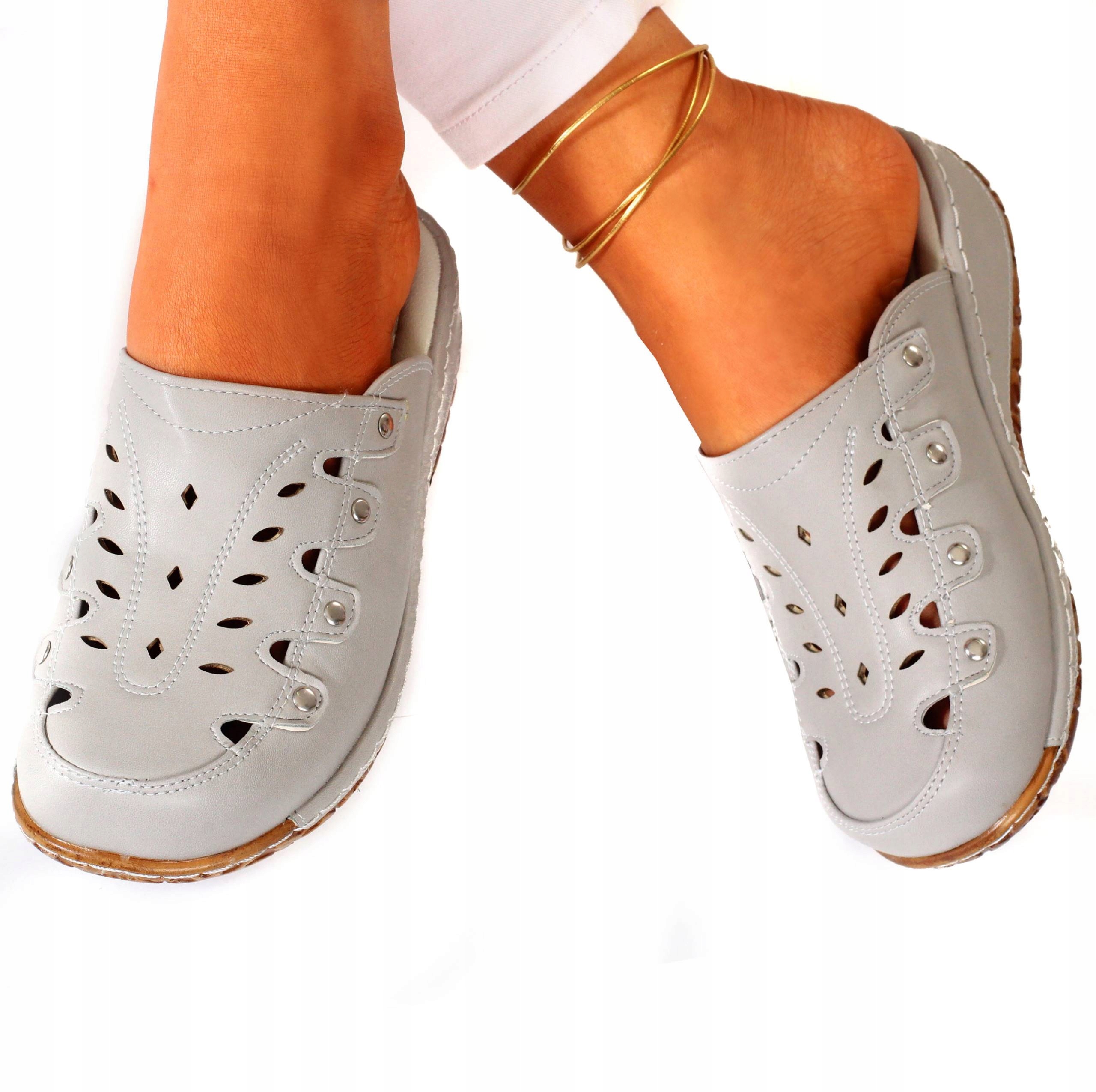 ORTOPEDYCZNE KLAPKI DAMSKIE LEKKIE SZYTE SKÓRA Kolor szary