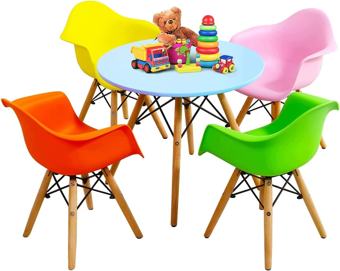 Zestaw 5-częściowy, okrągły stół 60cm i 4 kolorowe krzesła dla dzieci