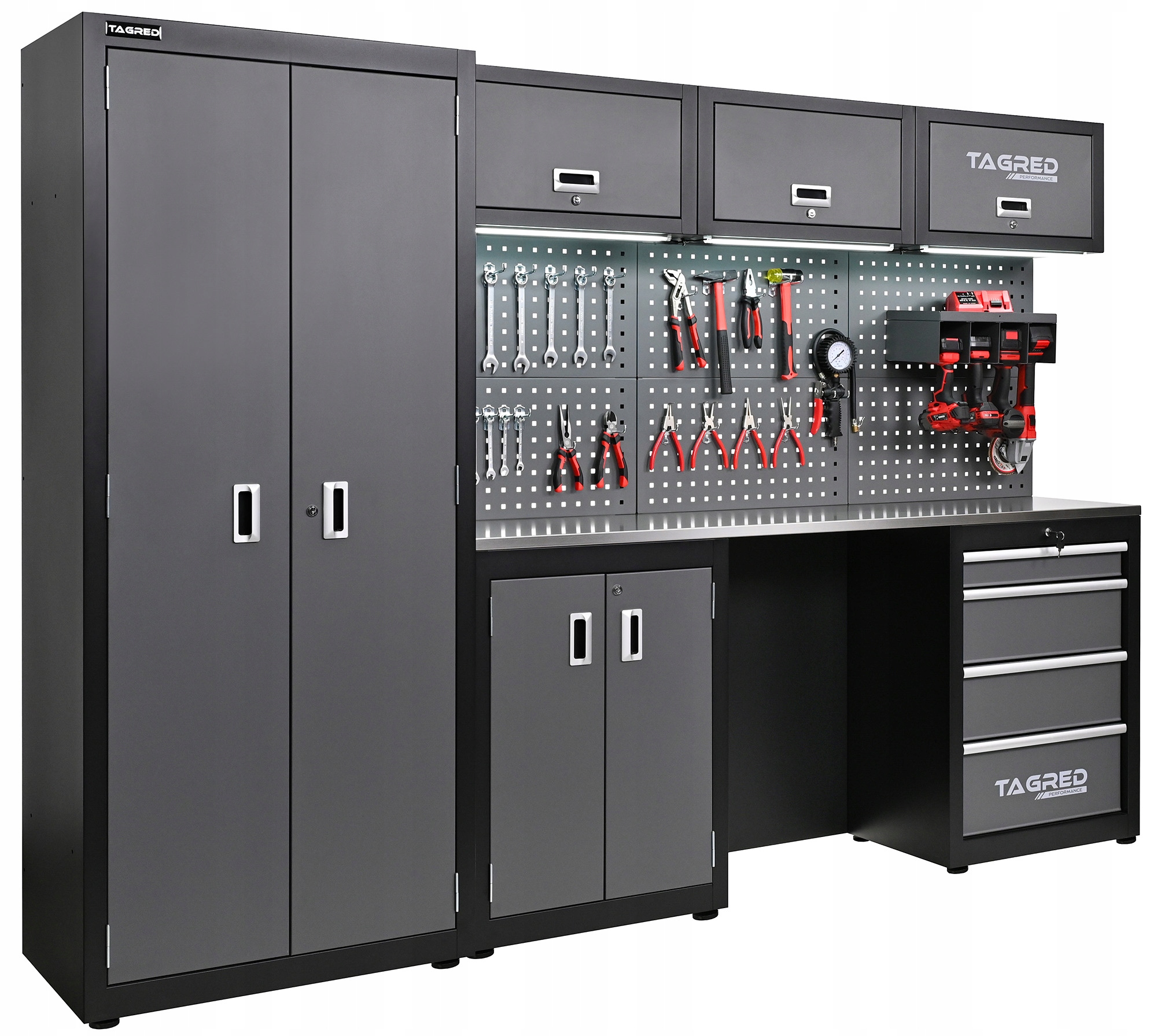 Meble do garażu warsztatowe 260 cm regał szafa blat stal inox 3D + LED