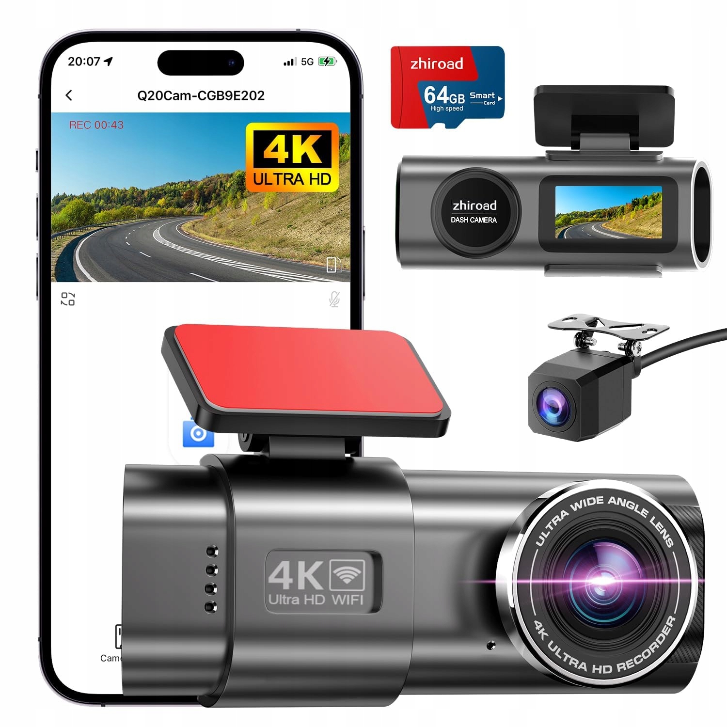 zhiroad Kamera Samochodowa 4K 1080P WiFi 64GB Nocny Tryb WDR 170° 140°