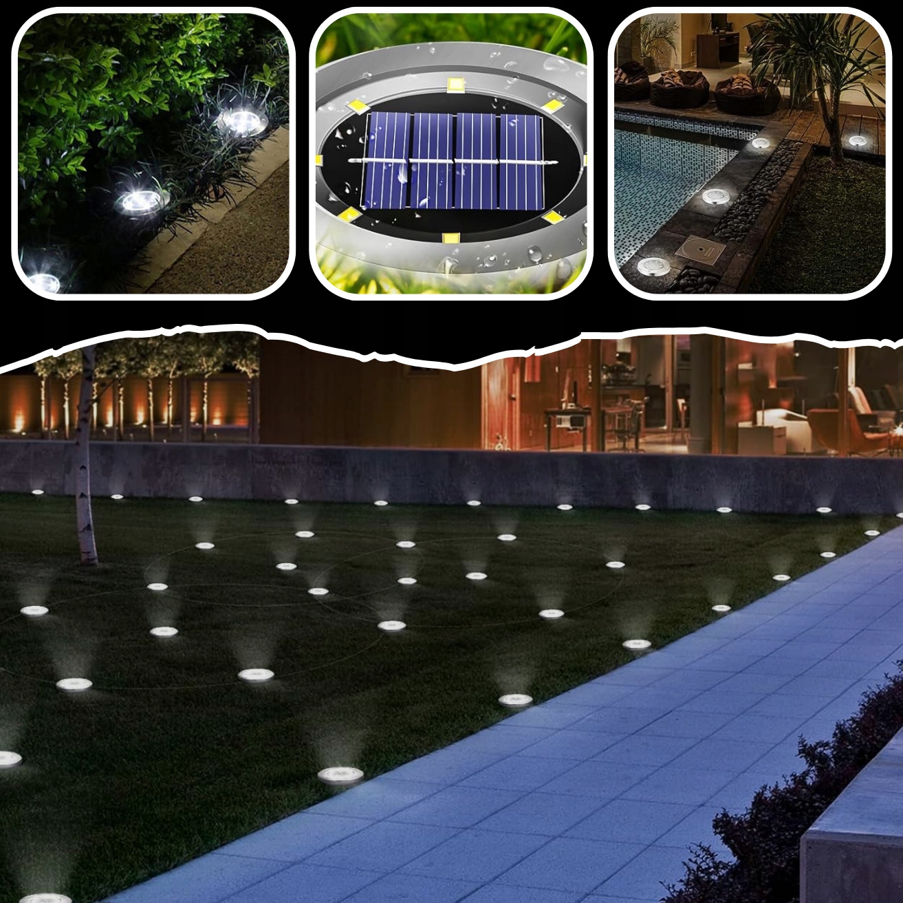 LAMPA SOLARNA OGRODOWA LAMPKI LED GRUNTOWE DYSK CZYJNIK ZMIERZCHU 12 DYSKÓW Certyfikat CE