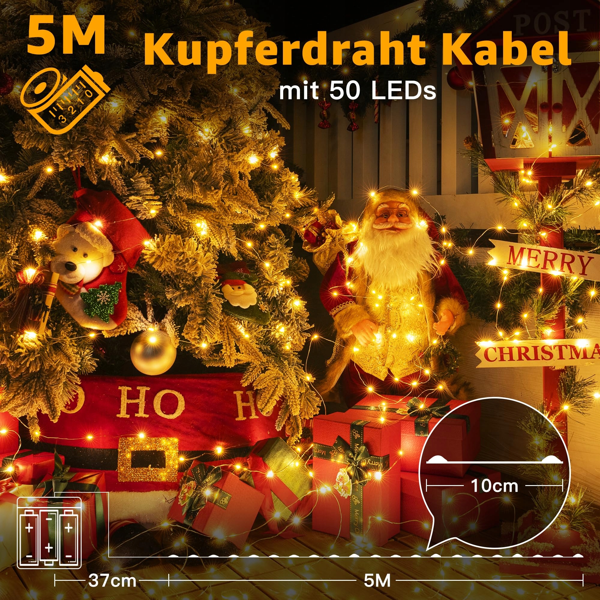 OLLNY Lampki Światełka Na Druciku Na Baterie IP44 5M 50 LED Zestaw x2 — miniatura 2