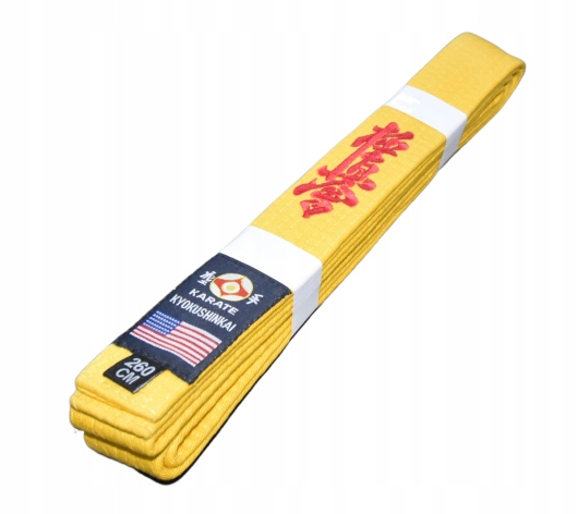 Pas karate kyokushin żółty 280cm z haftem kanji