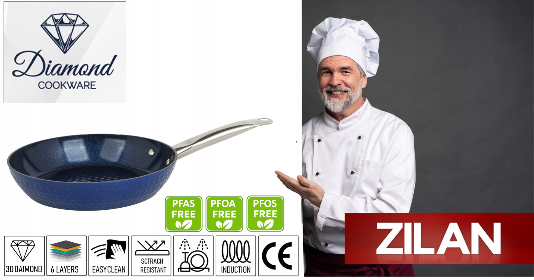 PATELNIA GŁĘBOKA INDUKCJA POWŁOKA DIAMENTOWA DIAMOND COOKWARE 24CM Kształt okrągły