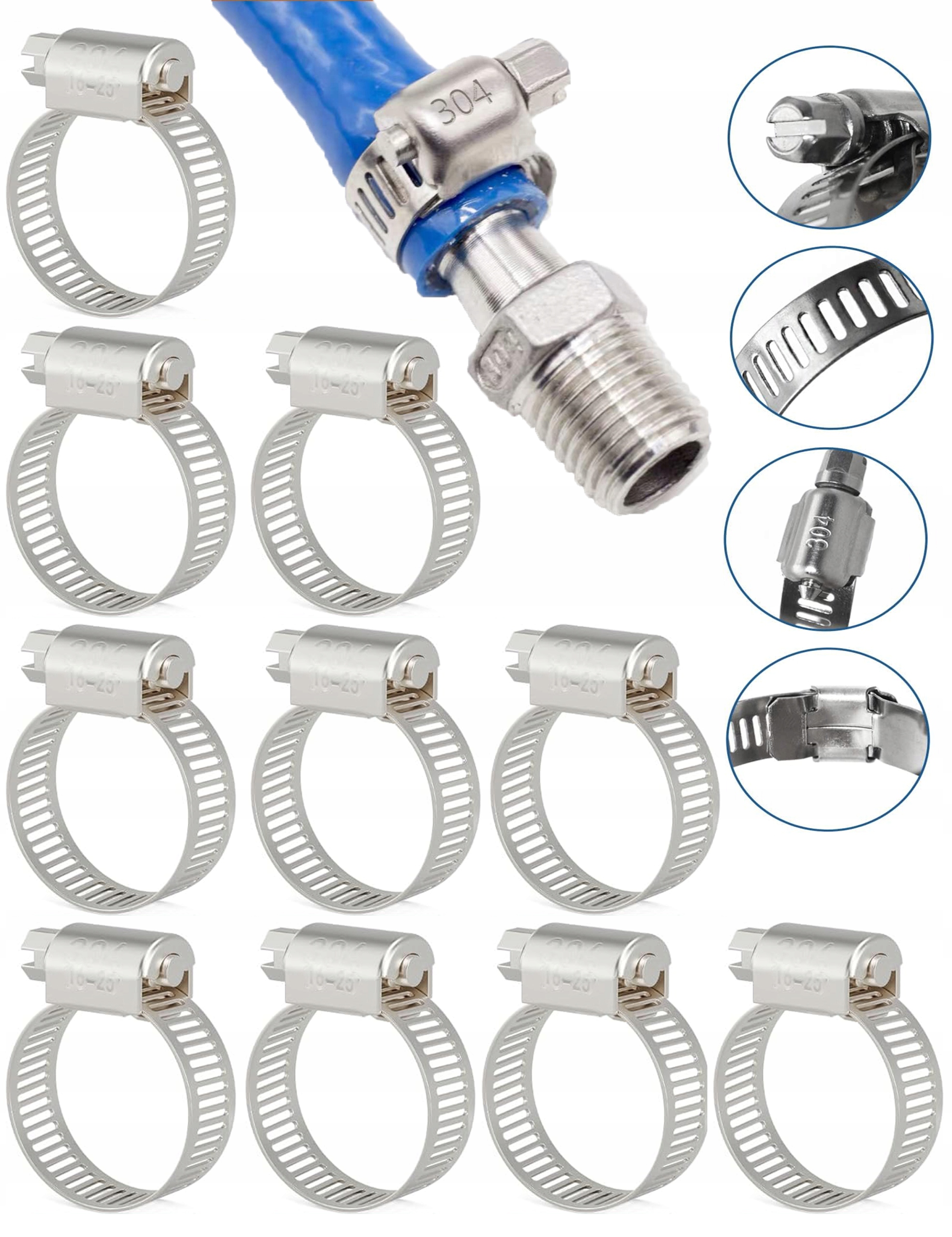 10x Obejma 16-25 mm Opaski Ślimakowe Metalowe 304 Stal Nierdzewna Odporne