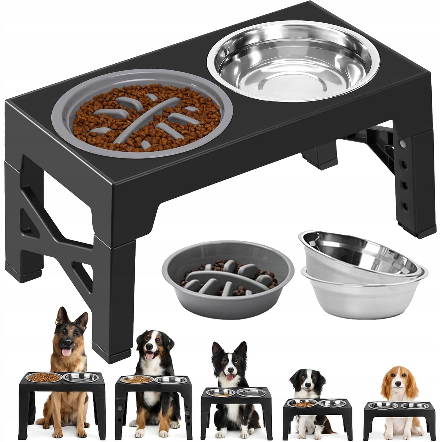 Levně Dvojitá Miska Pro Kočky Na Stojanu Na Krmivo Vodu Tmavě Nastavitelná Výška