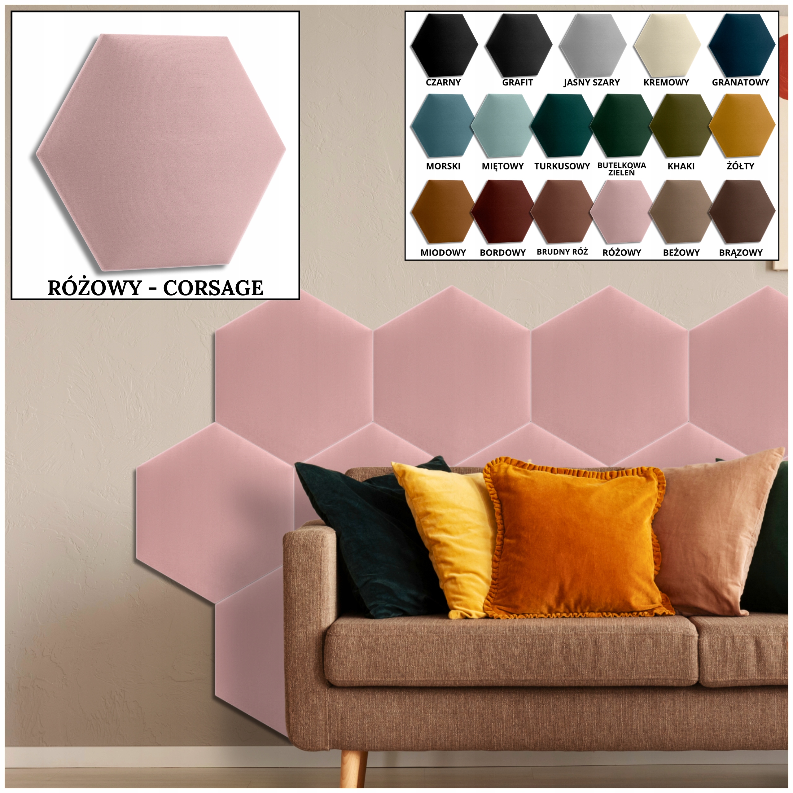 Panel Tapicerowany Ścienny RÓŻOWY WELUR Heksagon Wezgłowie 40x35 cm