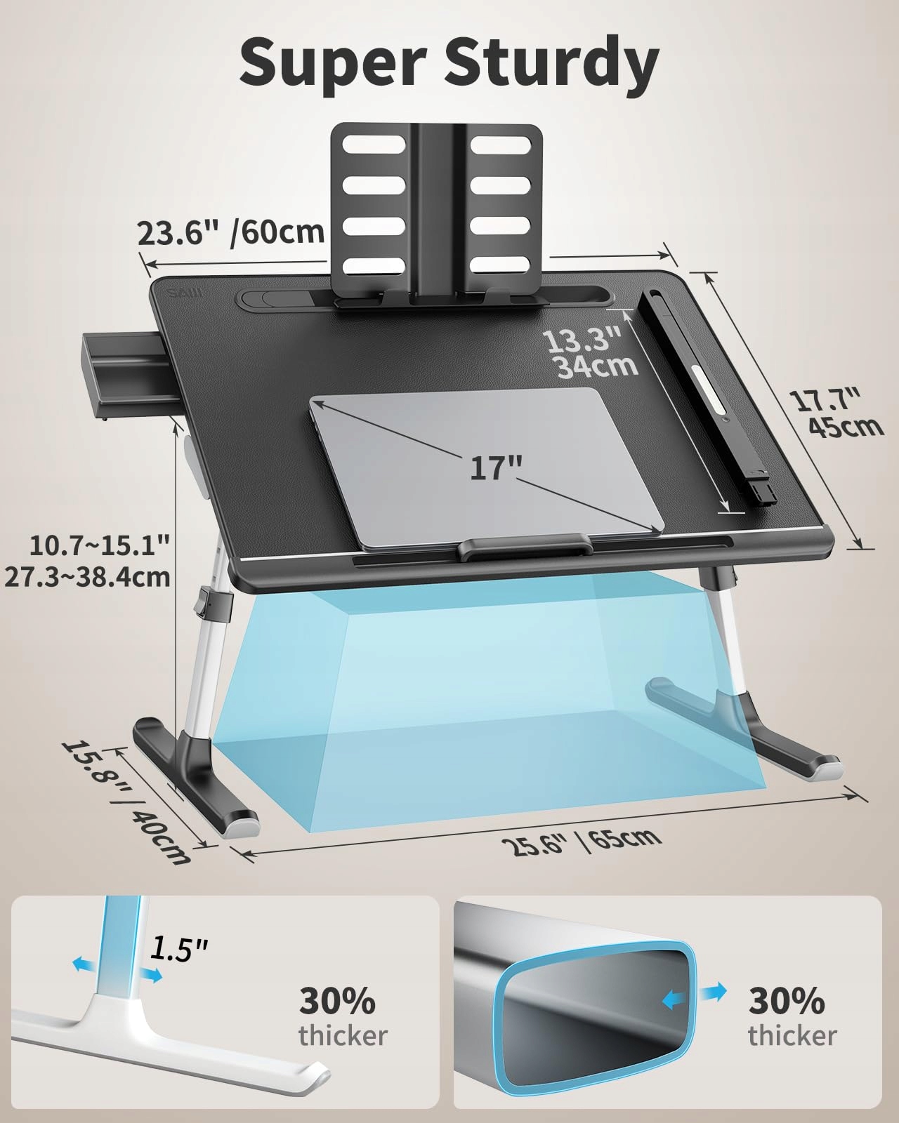 SAIJI Stolik Na Laptop Z Lampką LED Z Regulowaną Wysokością I Kątem Z Półką — miniatura 7