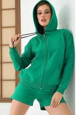 Dámské Teplákovka Krátké Kraťasy Rozepínací Mikina S Kapucí Zelená