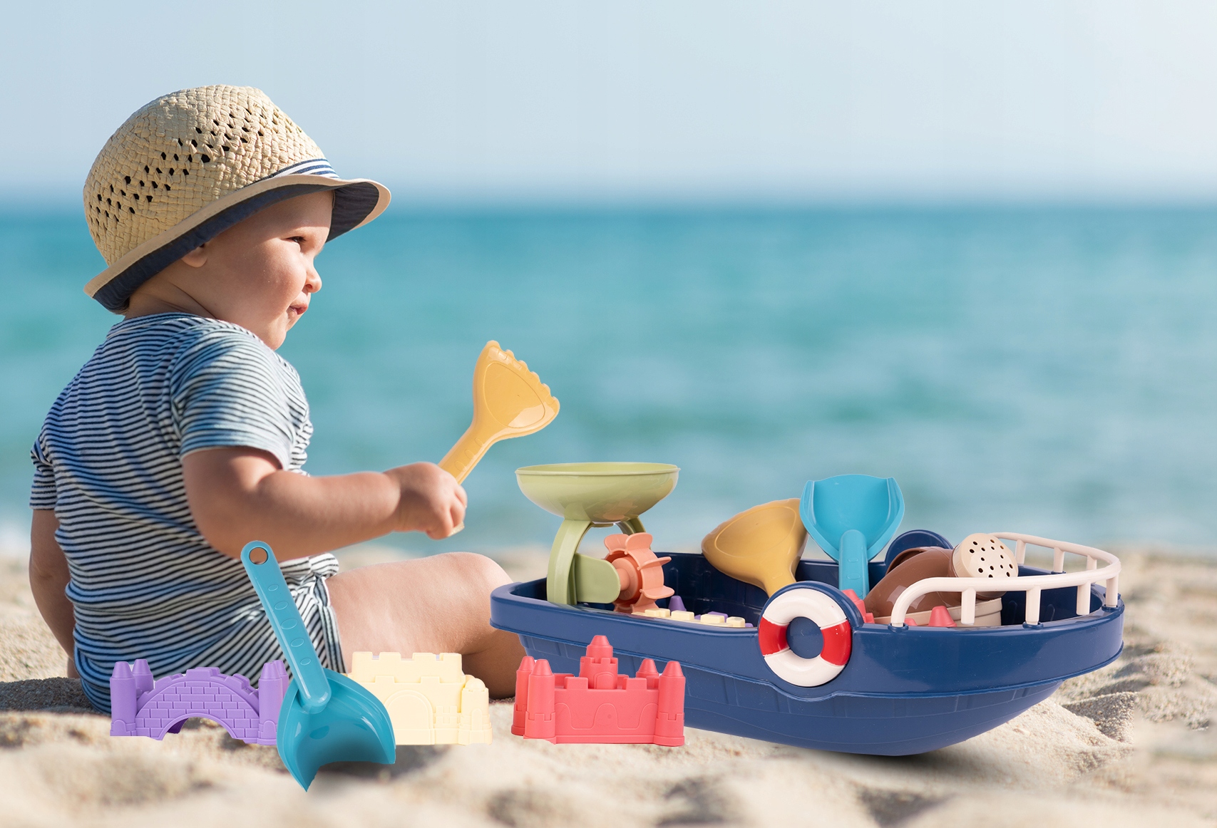 ŁÓDKA STATEK ŁÓDŹ DO PIASKU WODY KĄPIELI NA PLAŻE Marka MalPlay