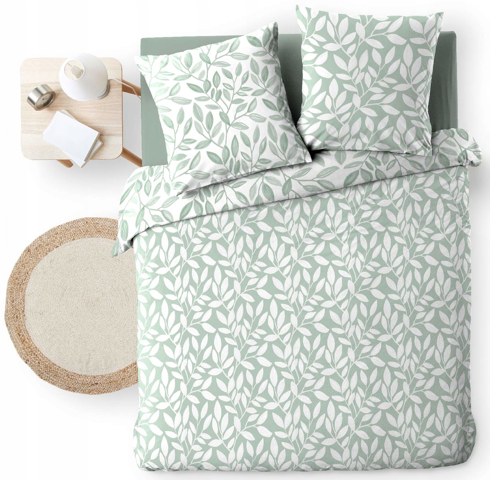 Pościel Mikrofibra Komplet Pościeli 220x240 Biało-zielona Liście Sequoia