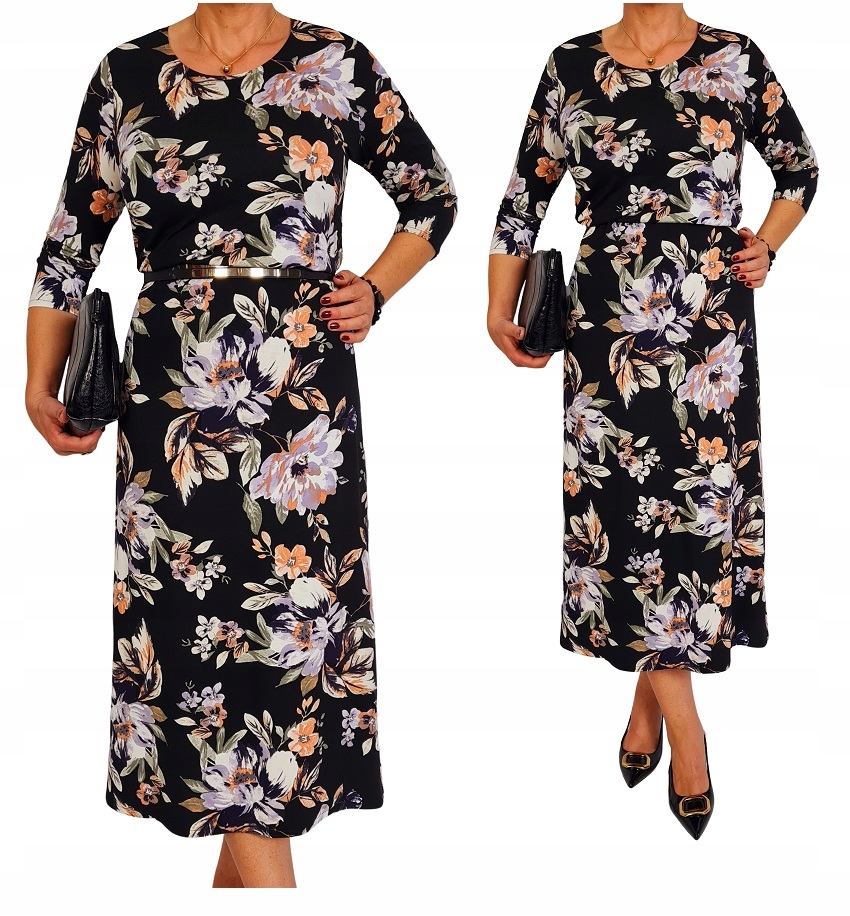 Šaty podzim zima černé květy zeštíhlující 42 44 46 48 50 52 54 56