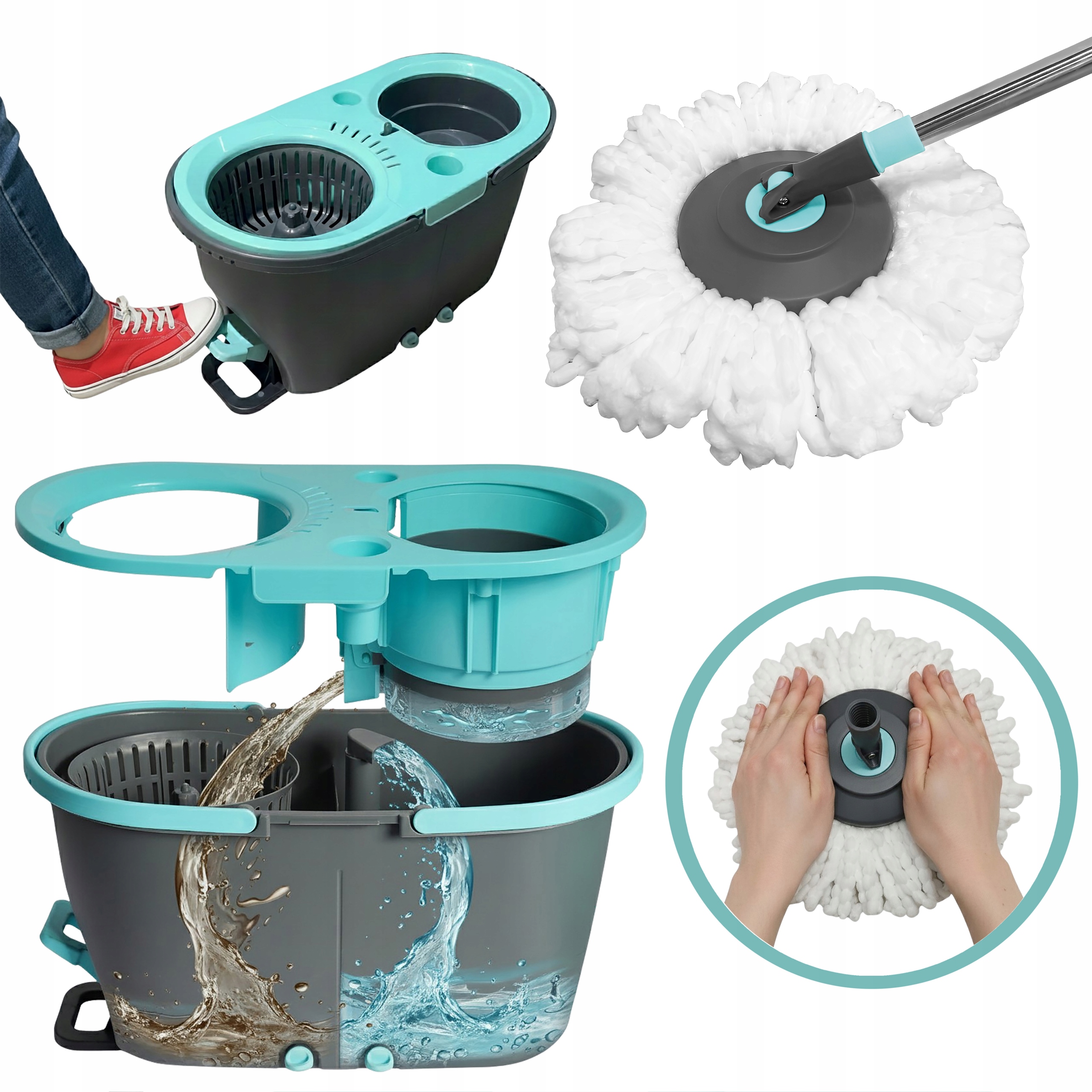 Mop Obrotowy Dwukomorowy Wiadro Z Odpływem Kij Teleskopowy 2 Wkłady