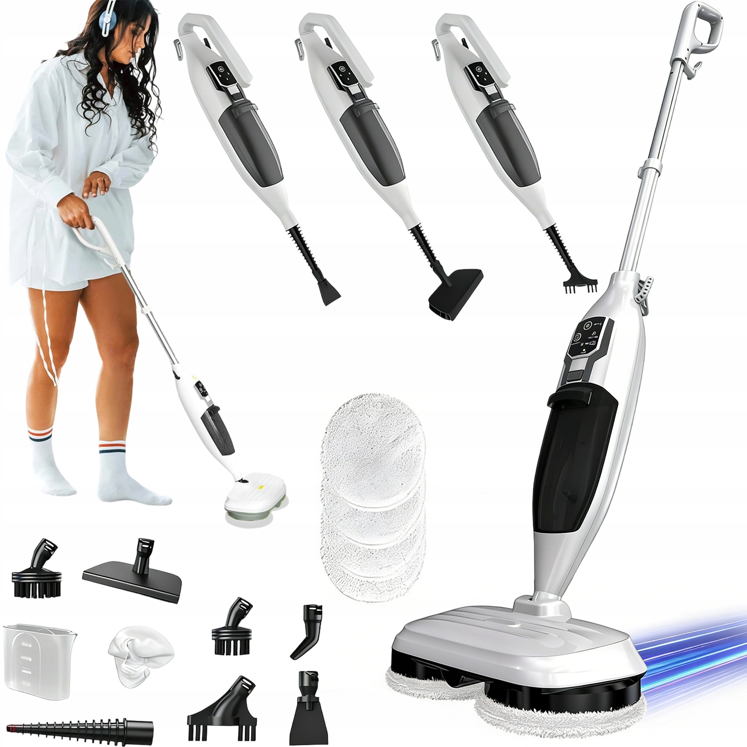 Parní Mop 1300 W 550 ML, 30 Sekund Zahřívání, 13 Doplňků Pro Všechny Typy