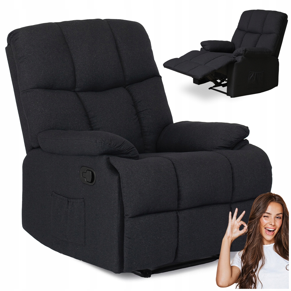 Rozkládací křeslo Riko, černé, s podnožkou, vhodné do obývacího pokoje a na spaní