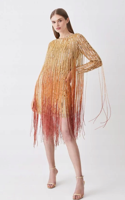 Karen Millen Šaty Zdobené Koktejlovou Barvou 38 2Y1B