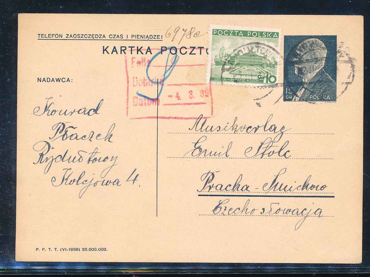 1939 GÓRNY ŚLĄSK, kartka RYDUŁTOWY.