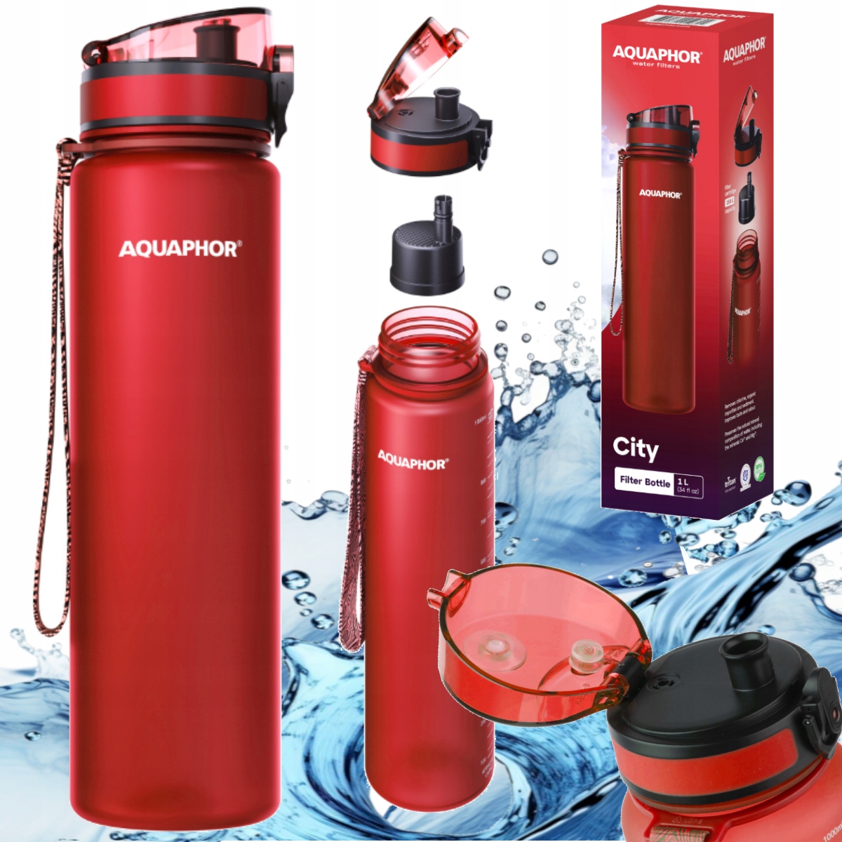 Aquaphor City filtrační láhev na vodu 1 l červená filtrační vložka
