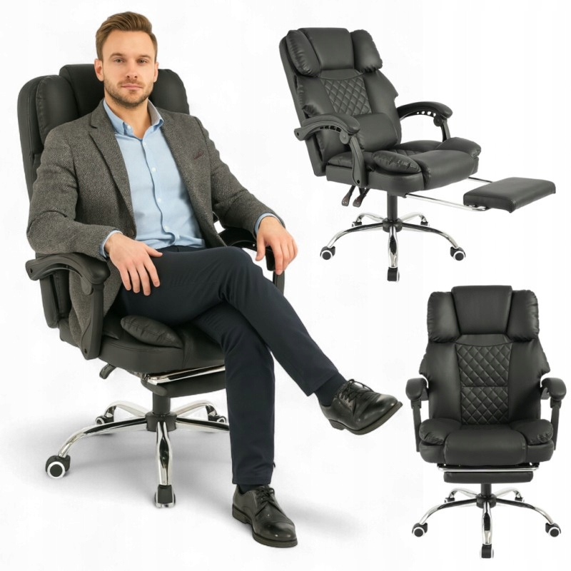 Otočná kancelárska stolička Master Prestige, podnožka a masážny prístroj čierna ekokoža