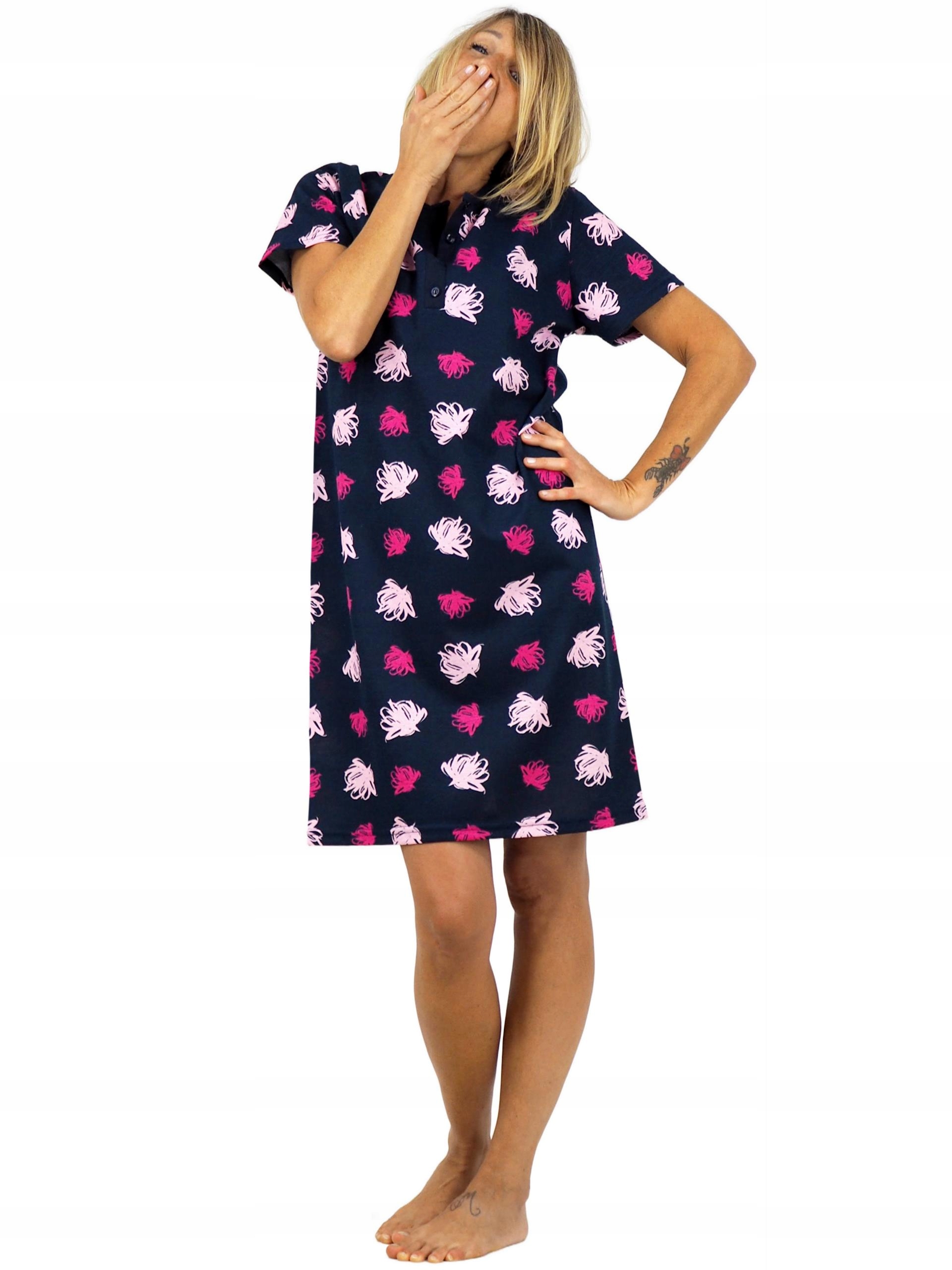 KOSZULA NOCNA piżama tunika rozpinana z dekoltem zapinanym na 4 guziki XL Model 4 guziki / granatowy / różowe kwiatki