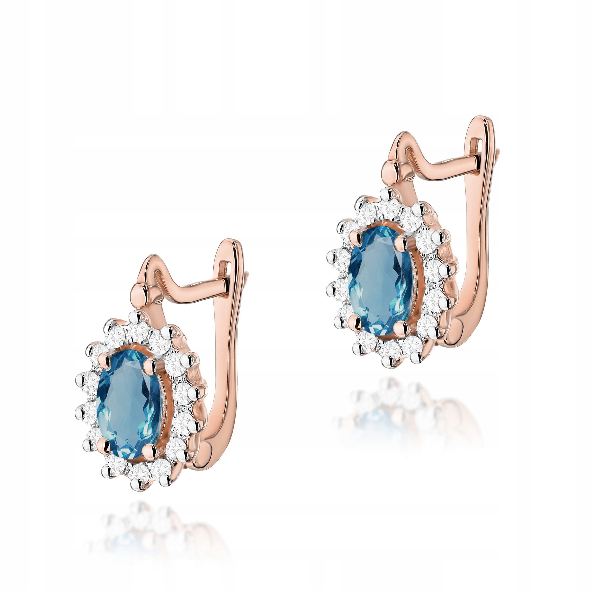 Růžové zlato 585 náušnice topaz London Blue s diamanty 2.8 g Valentýn