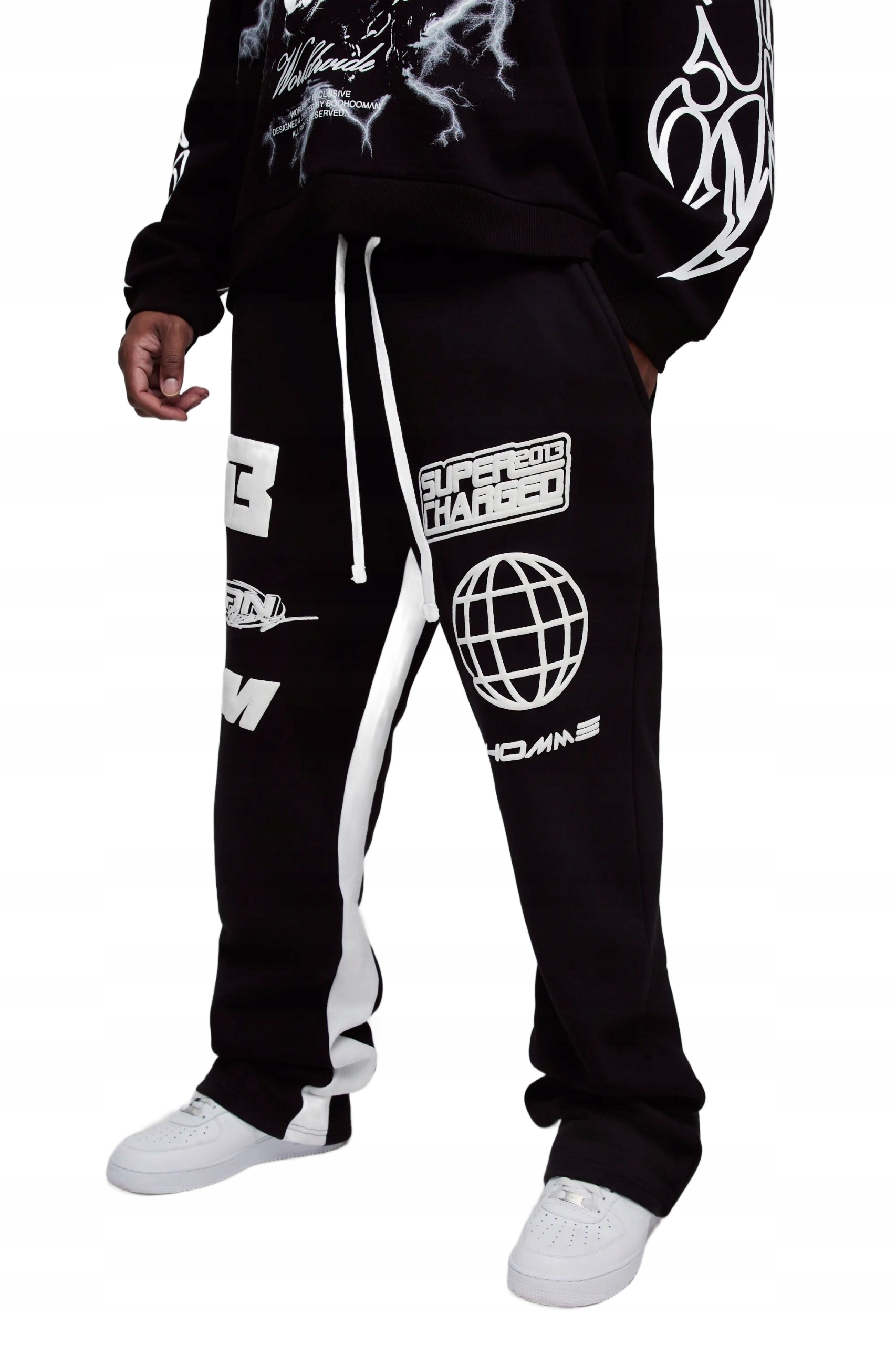 Boohooman Černé Pánské Tepláky S Nápisy A Lampasy XXL Z3A