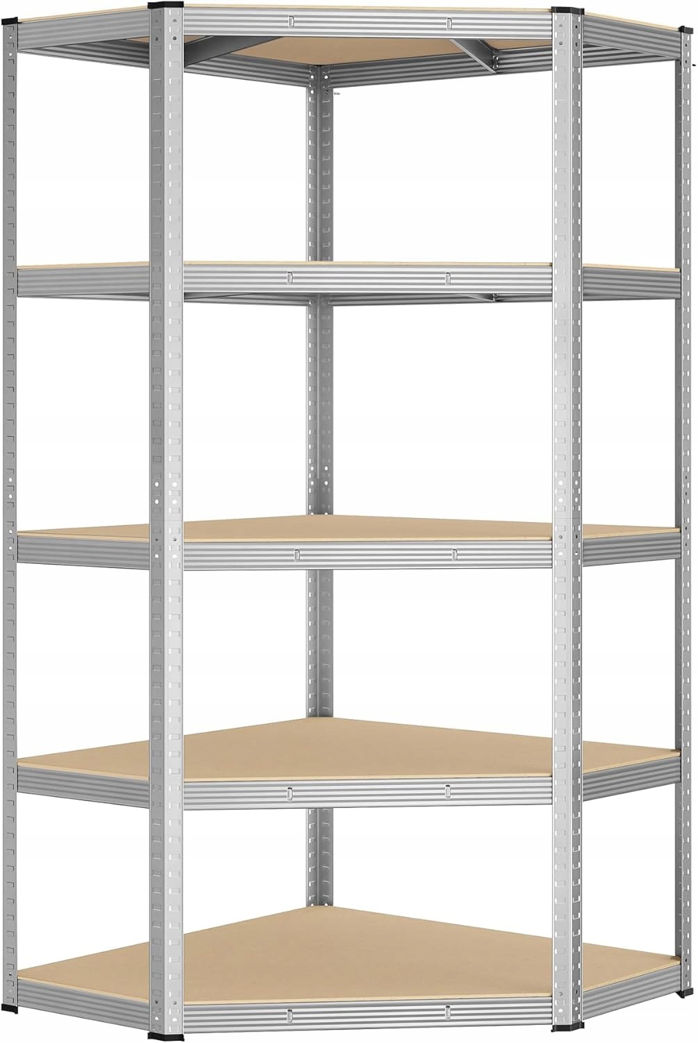 Rohový kovový regál GLR080E01V1, 5 polic, 90 x 90 x 180 cm, stříbrný