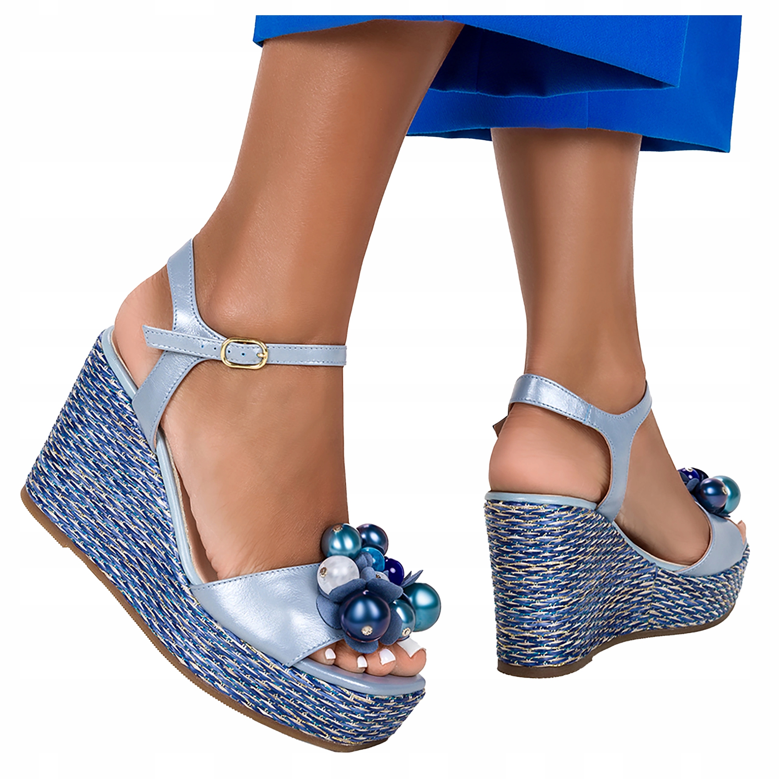 Dámské kožené Sandály Espadrilky na klínku, modré, pohodlné, velikost 41