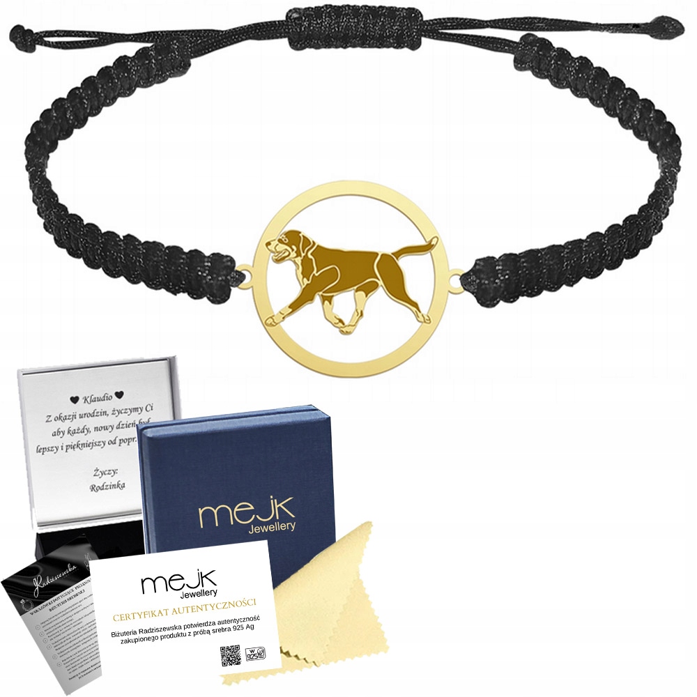 Zlatý náramek se psem Velký švýcarský salašnický pes Makramé 925 Gravírování