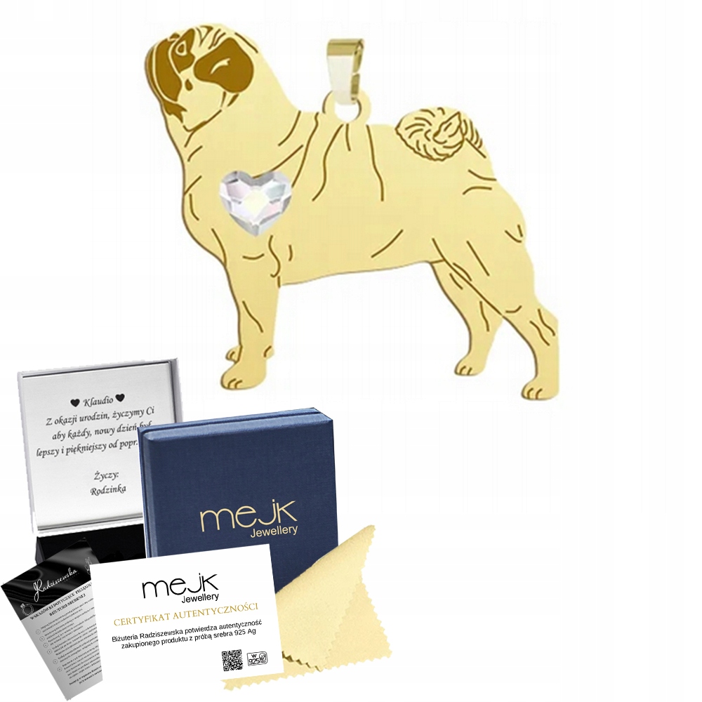 Zlatý přívěsek s psem Mops Pug 925 Dárek Žena Přívěsek Gravírování