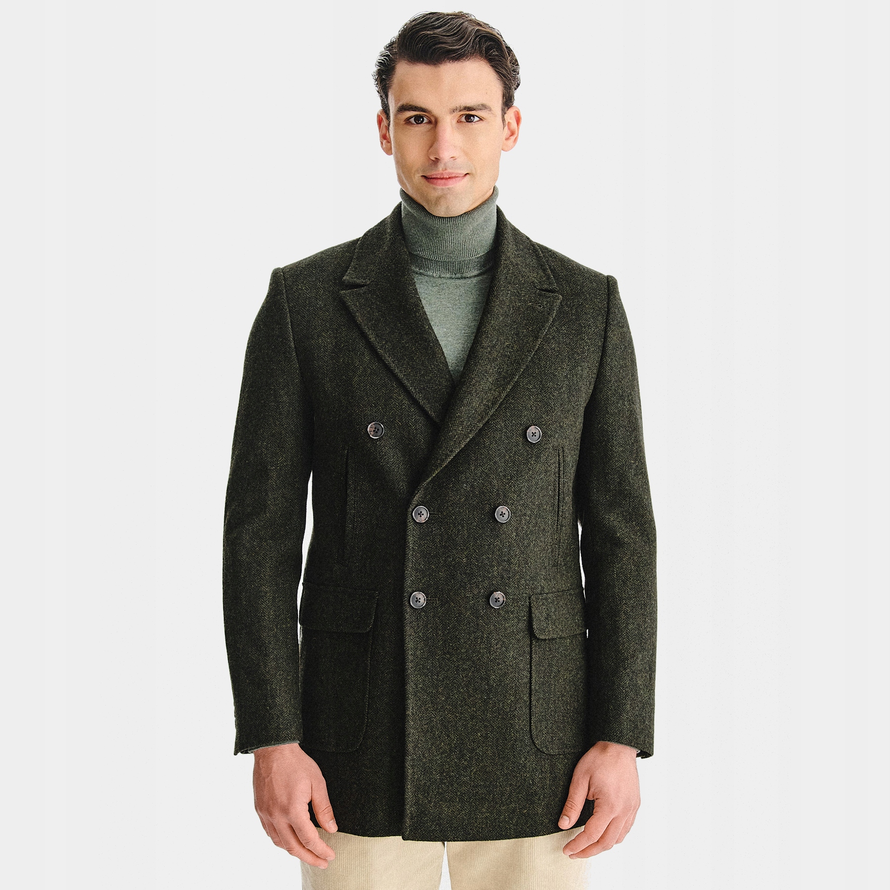 Zelený pánský kabát s motivem jedle, 100% vlna Pako Lorente vel 50