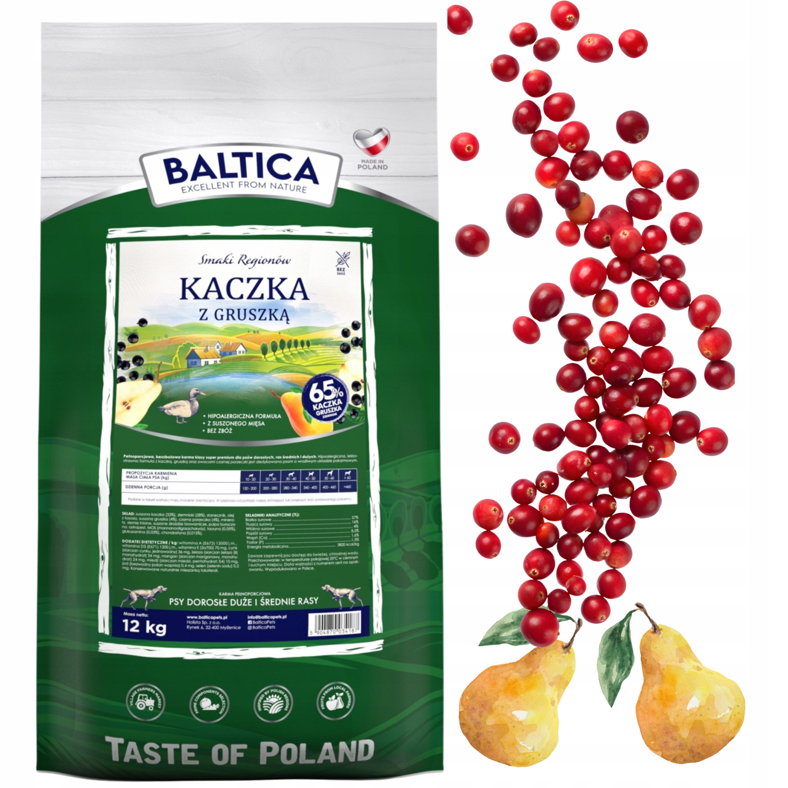 Baltica Adult kaczka z gruszką M/L 12kg bezzbożowa sucha karma dla psów