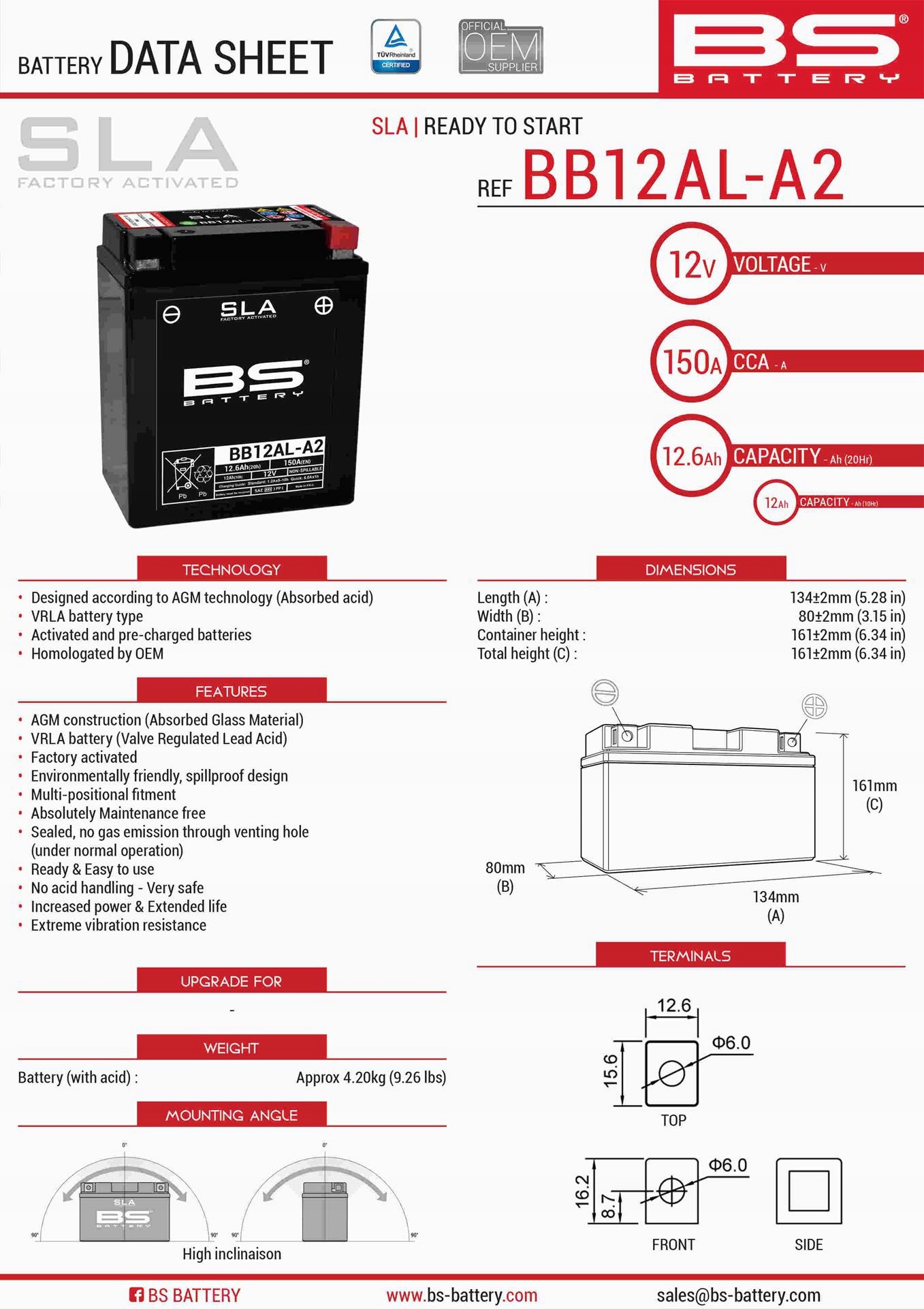 Bs Batéria BB12AL-A2 (fa) (YB12AL-A2) 12V 12AH 135X81X161 Bezúdržbový