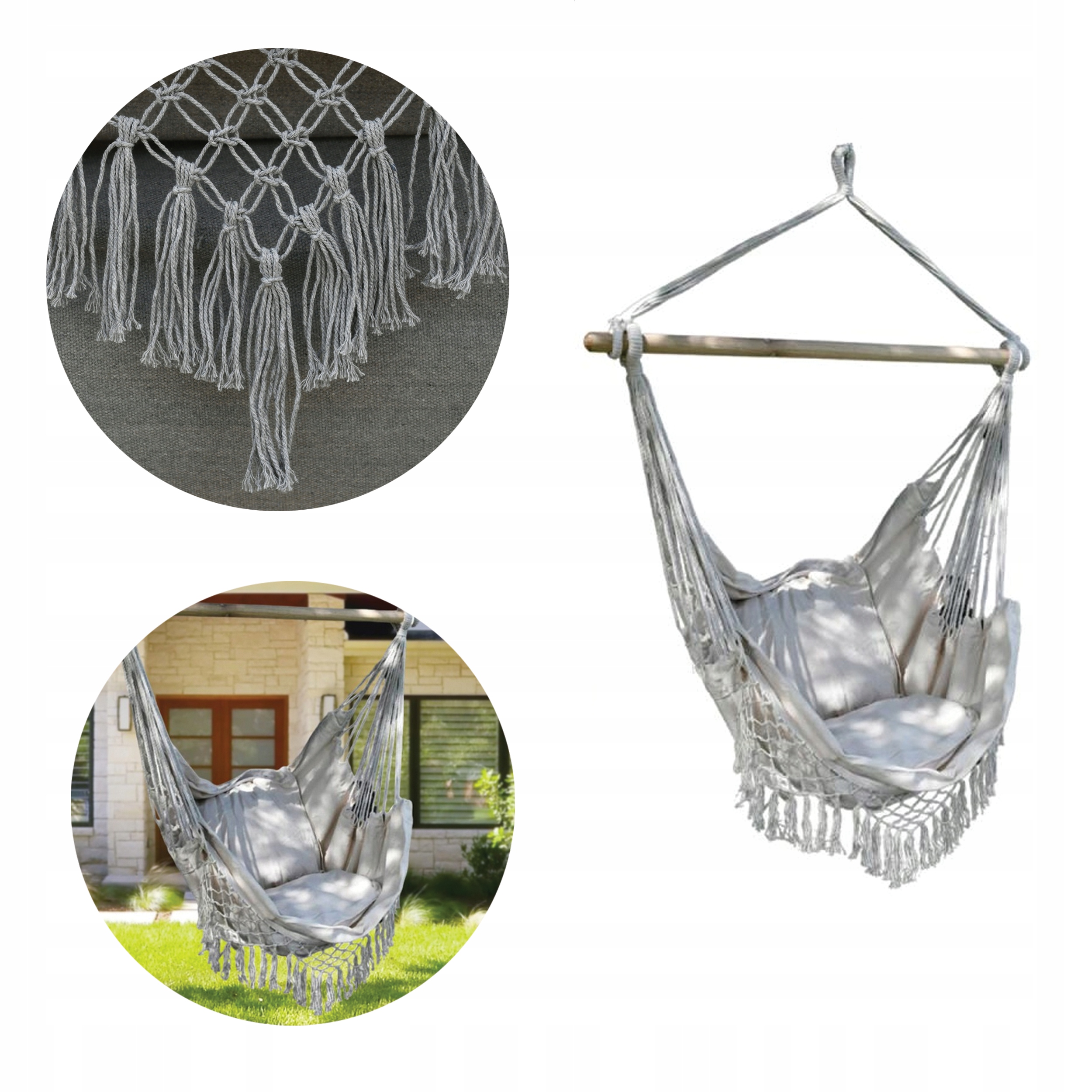 Hamak Huśtawka Krzesło Brazylijskie Wiszące Boho 130X100X100CM Beż Szary