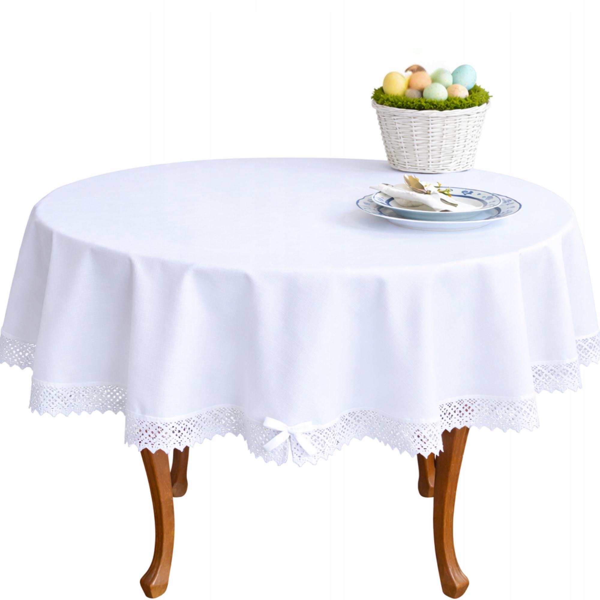 Biały Wielkanocny Obrus Okrągły Plamoodporny Z Koronką Antonina 170 CM