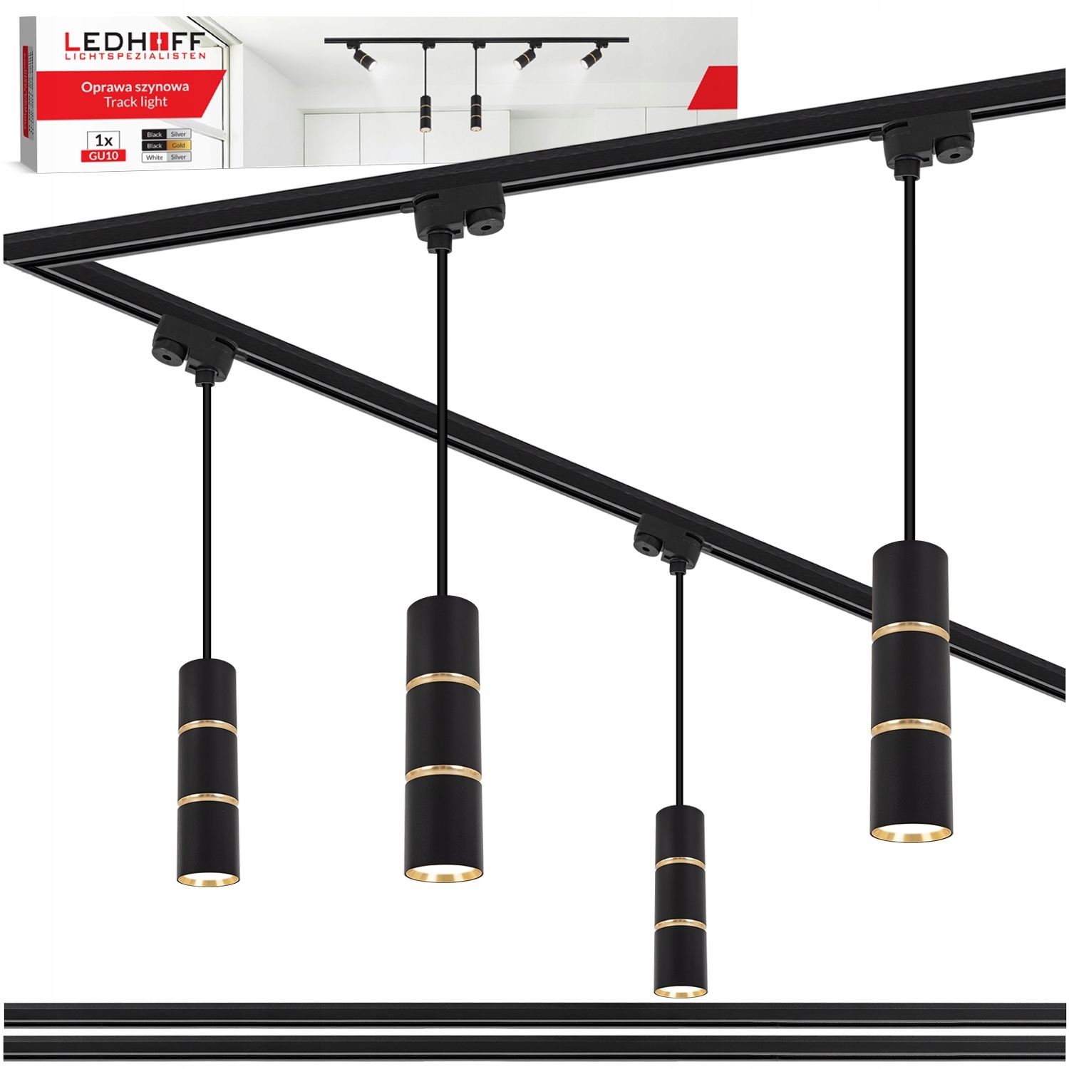 Koľajnicové osvetlenie Lišta 2x 1 m 4x závesná Led lampa Tuba GU10 čierna Zlatá