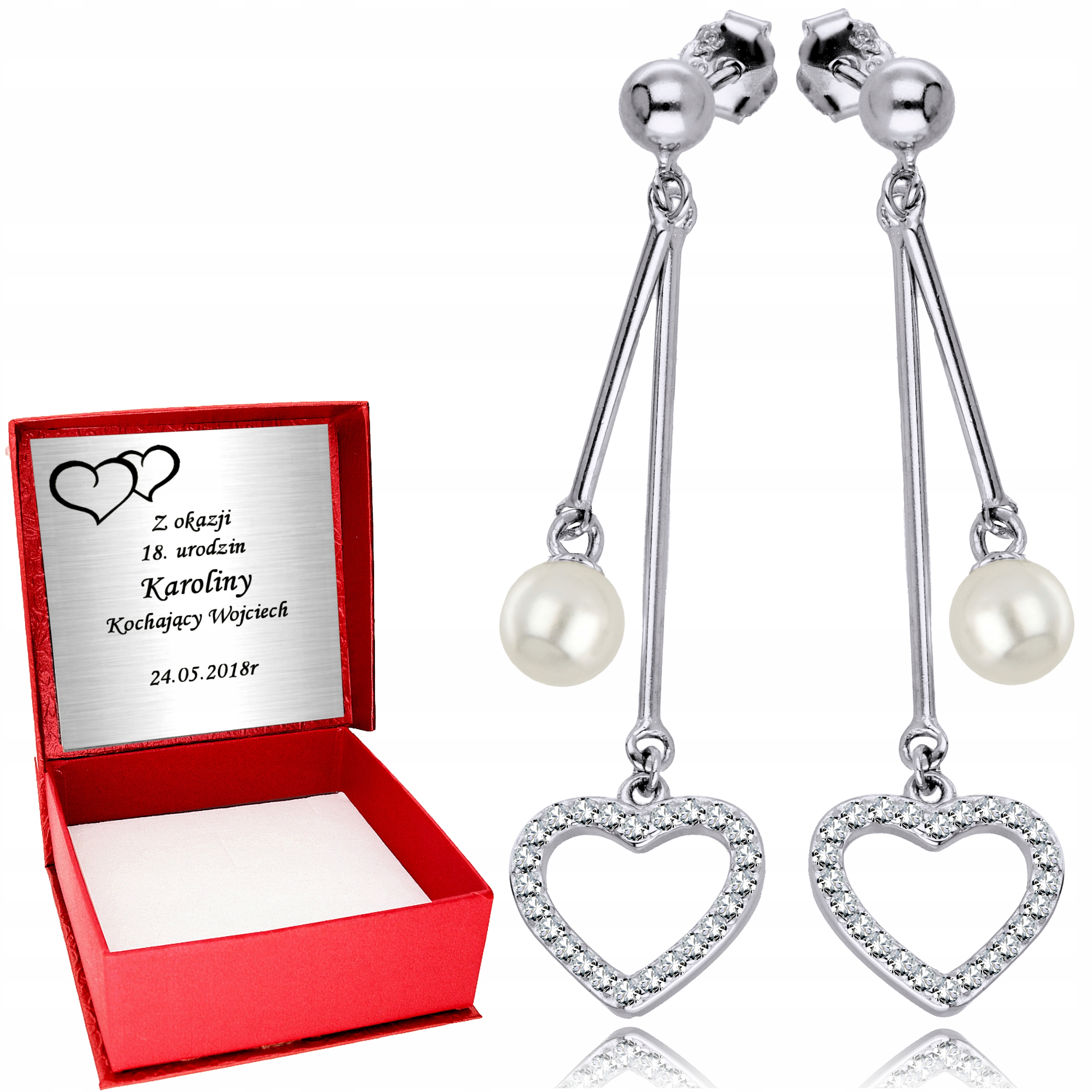 

Srebrne Kolczyki 925 Wiszące Serca Perły Grawer