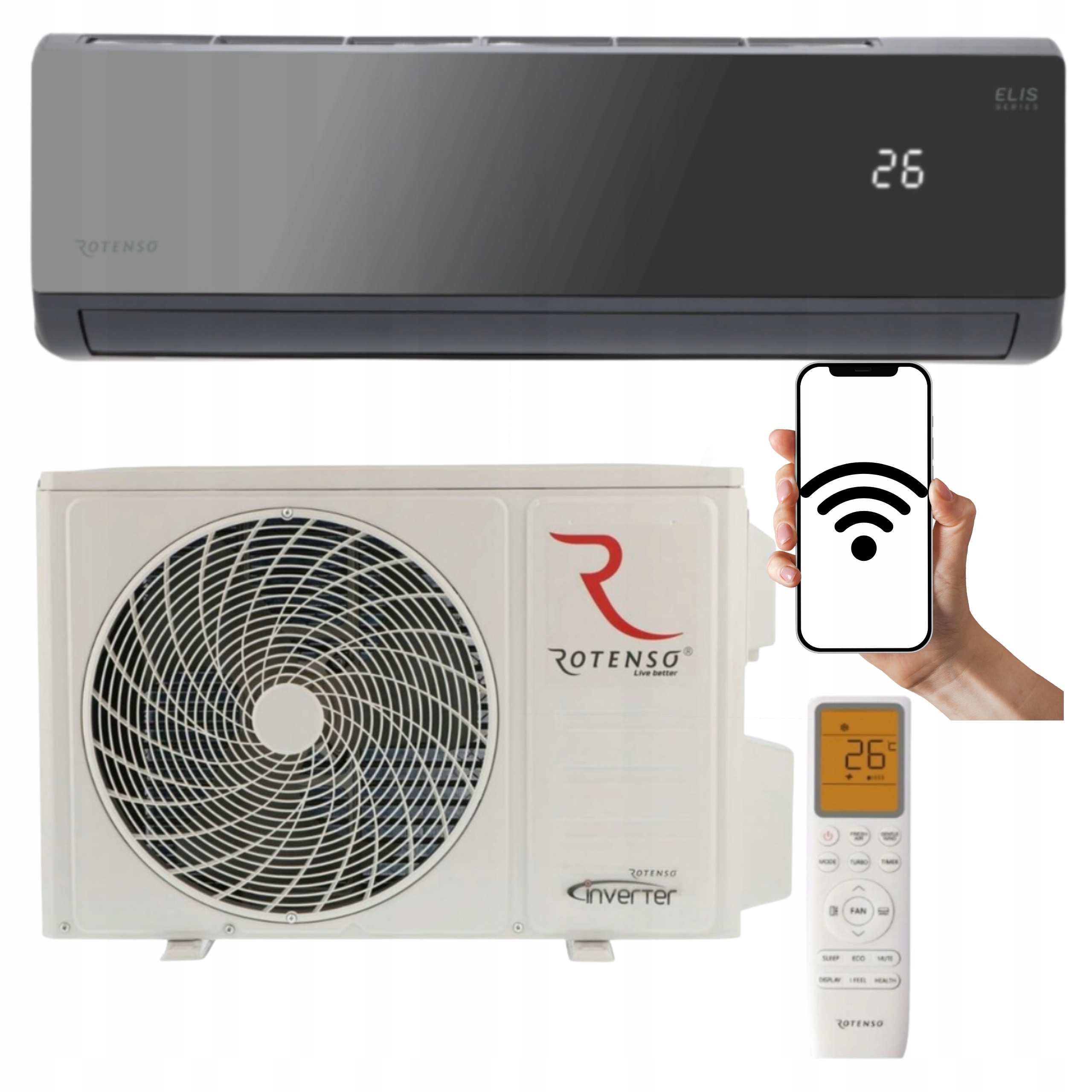 Nástenný klimatizátor Rotenso Elis 3,4 kW 40 m2 WiFi Čierny Výkonný Do Domácnosti