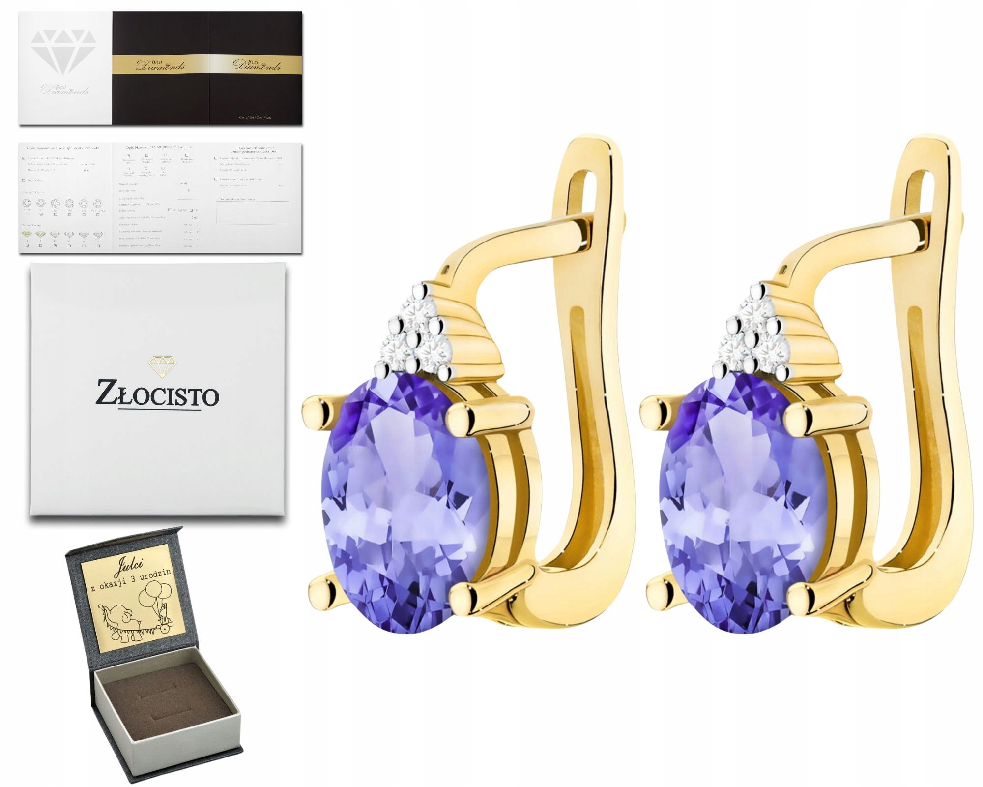 Zlaté Náušnice Tanzanity Brilianty Anglické Zapínání Zlato 585 Jako Dárek