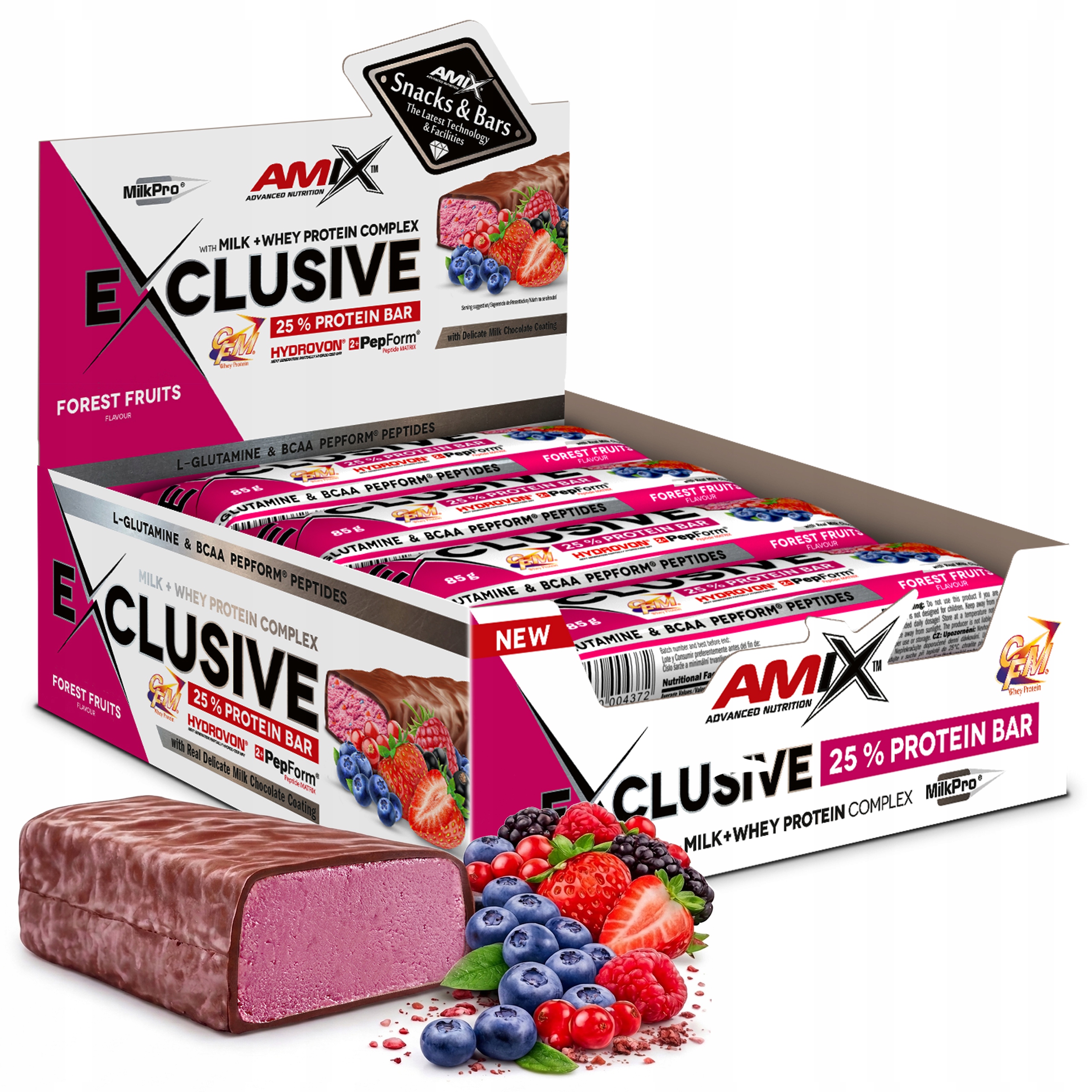 Wysokobiałkowy Baton proteinowy, Exclusive 85g Amix Owocowy owoce leśne