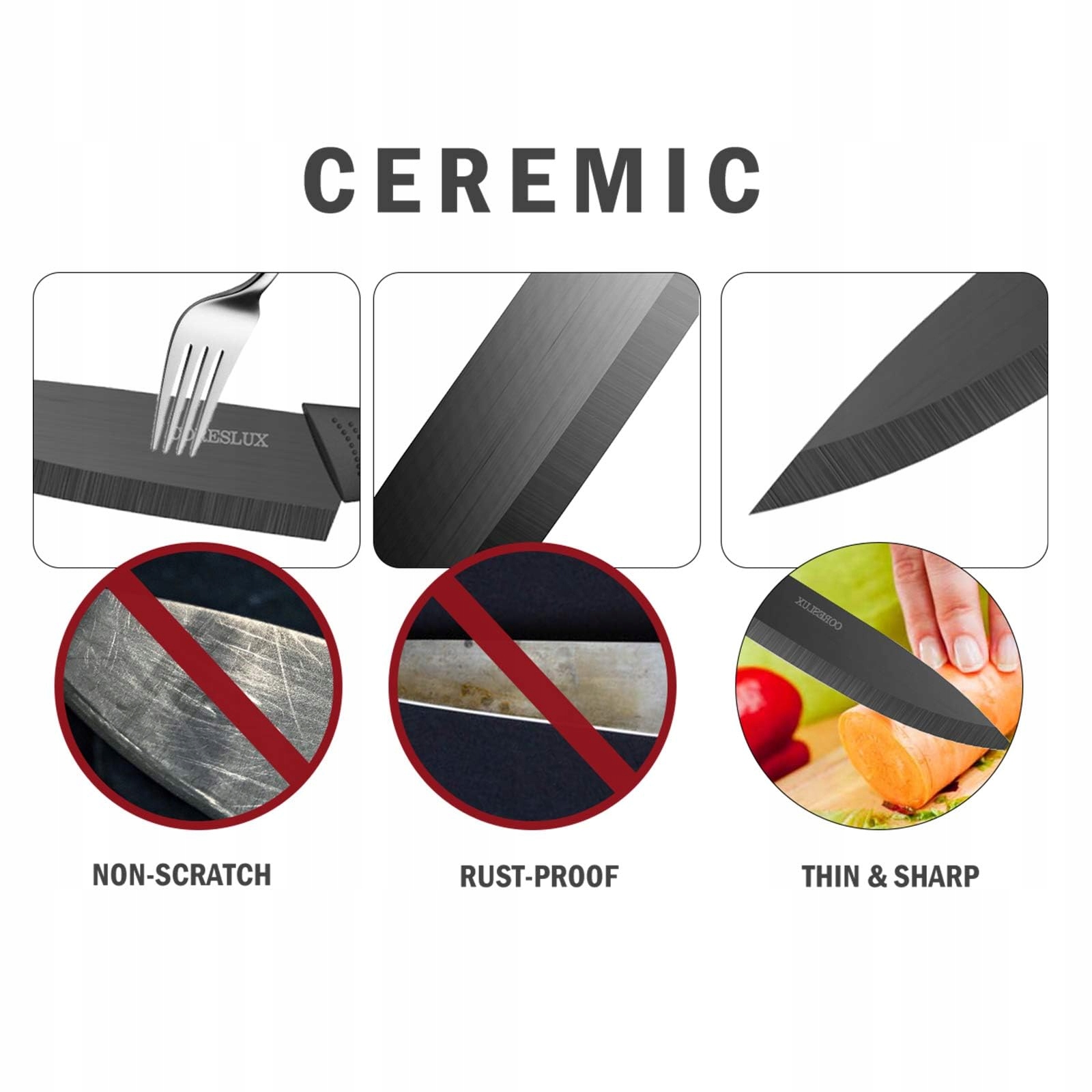 CORESLUX Zestaw Noży Ceramicznych 4 Noże Kuchenne z Obieraczką Czarny — miniatura 4