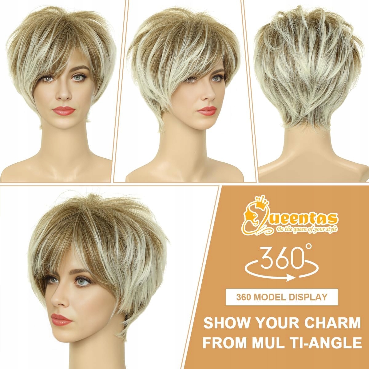 Queentas krátká blond pixie cut paruka s ofinou