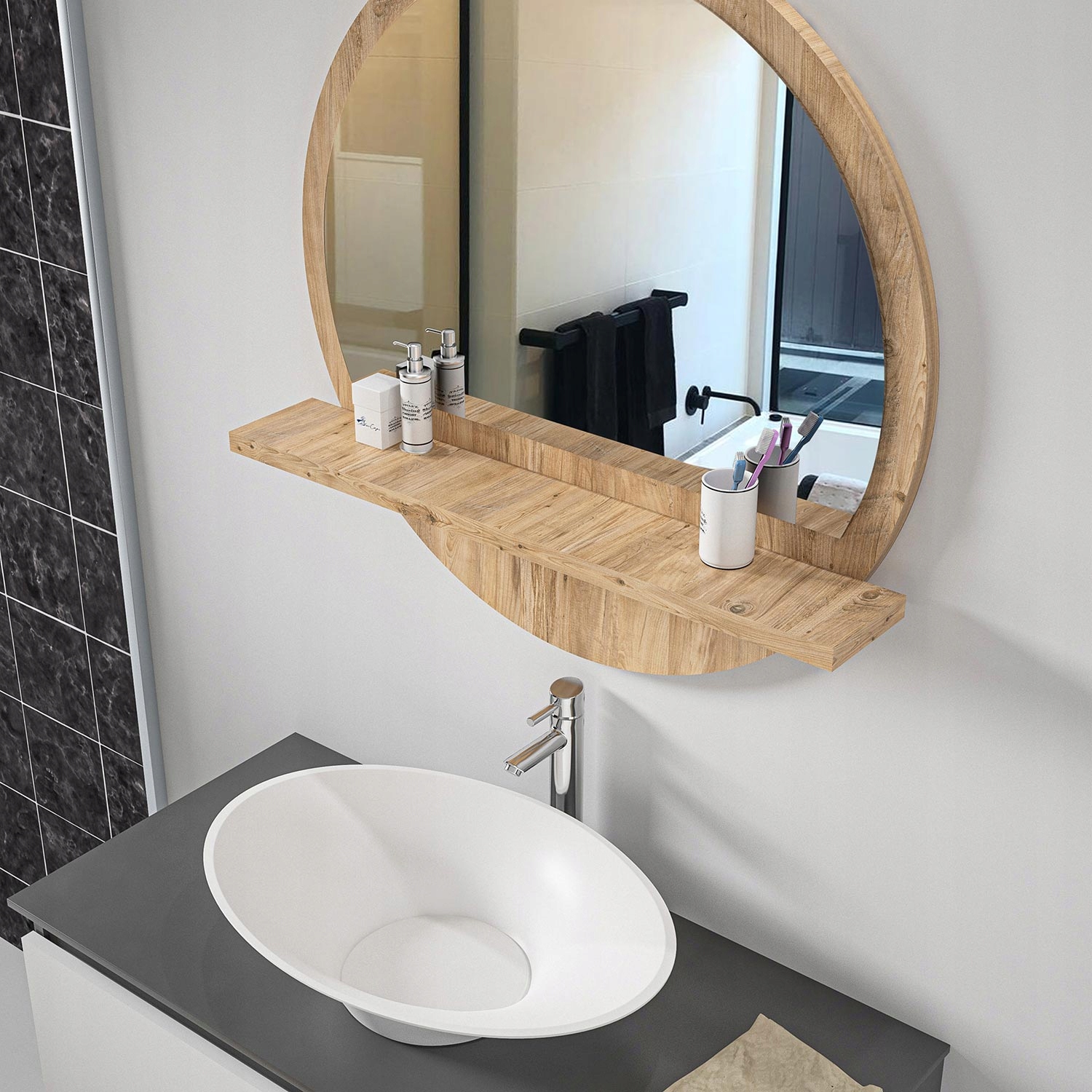 Lustro ścienne łazienkowe sosna z półką 60 CM Szerokość 600 mm