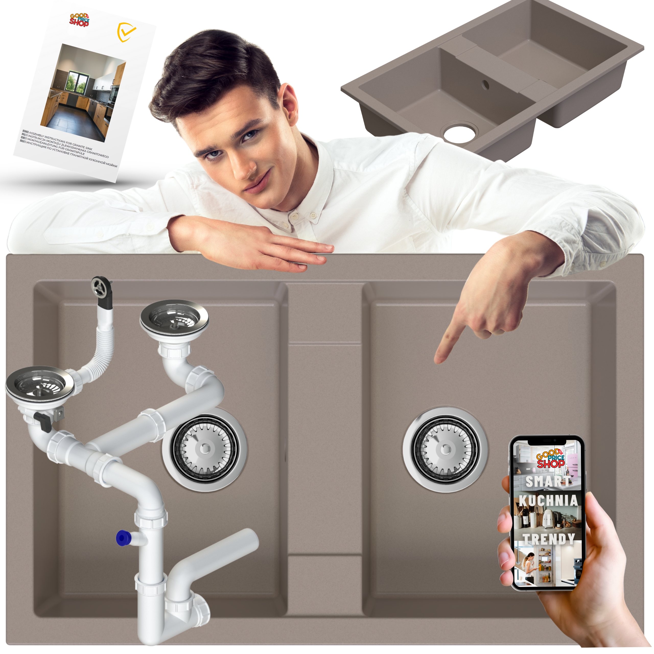 Granitový Dvoukomorový Dřez 2-kom. Béžový Kuchyňský sifon manuální Bonus