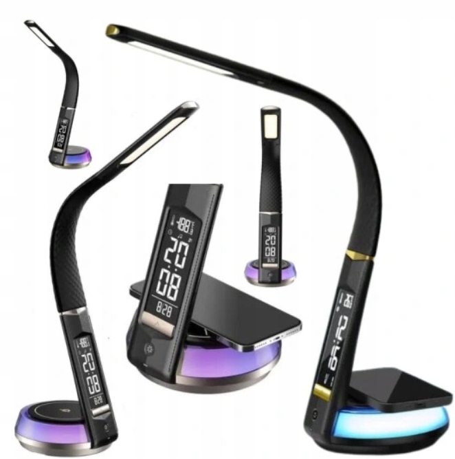 Stolná Led Lampa Rgb Indukčná Nabíjačka Displej Hodiny Dátum Čierna