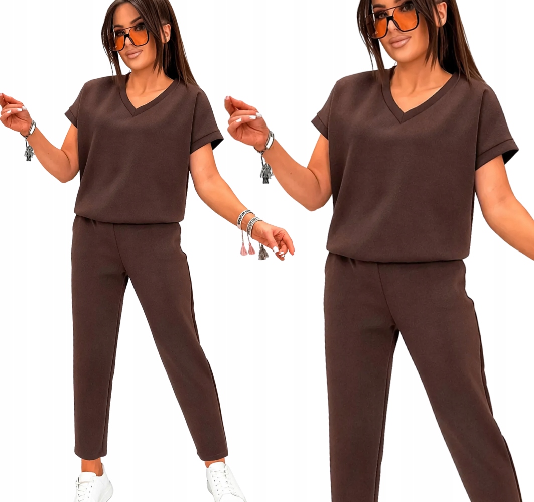 Modny Komplet Dresowy wiskoza Spodnie Bluzka Serek Krótki Rękaw L/XL