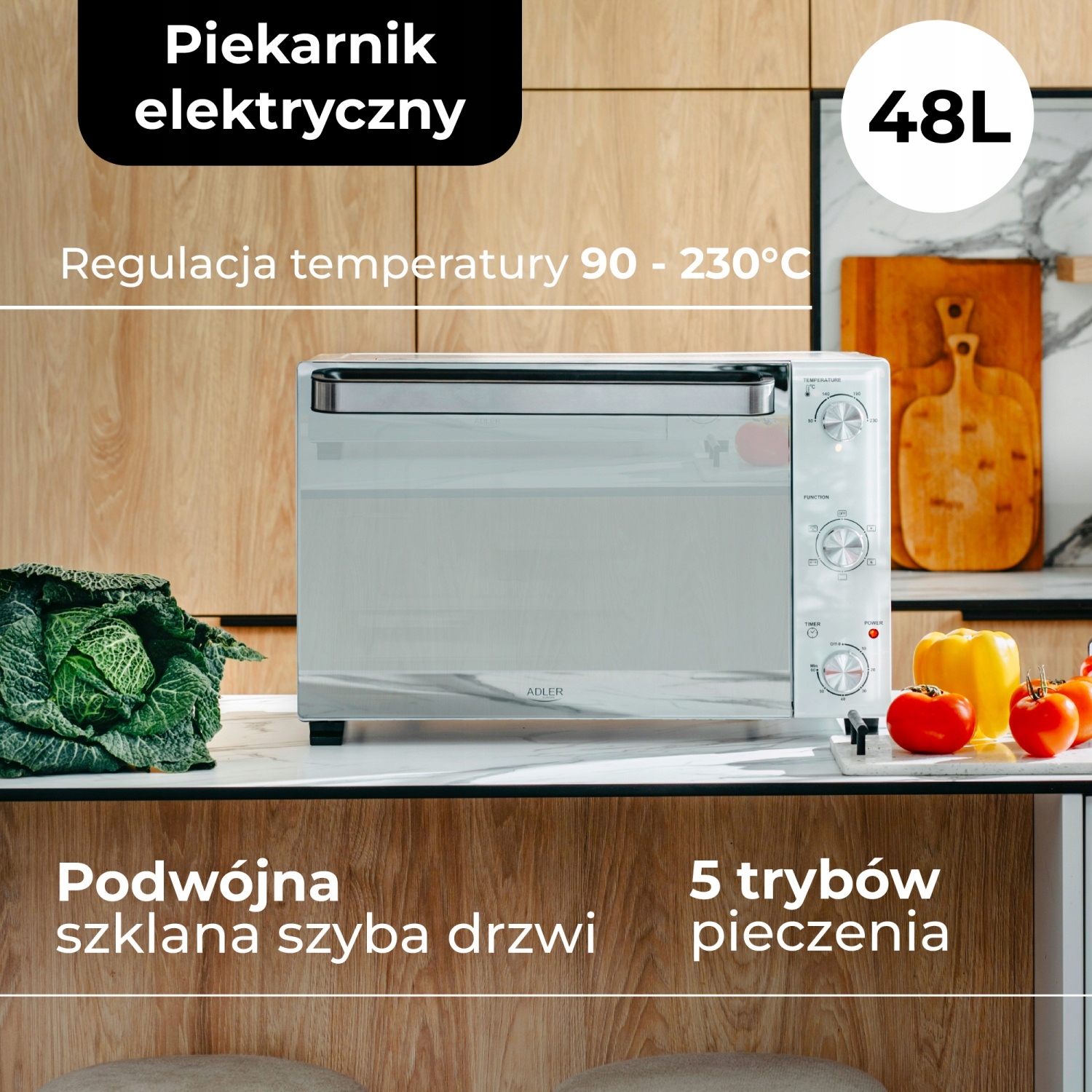 Piekarnik Elektryczny Adler AD 6027 48L Konwekcja Rożen 5 Trybów